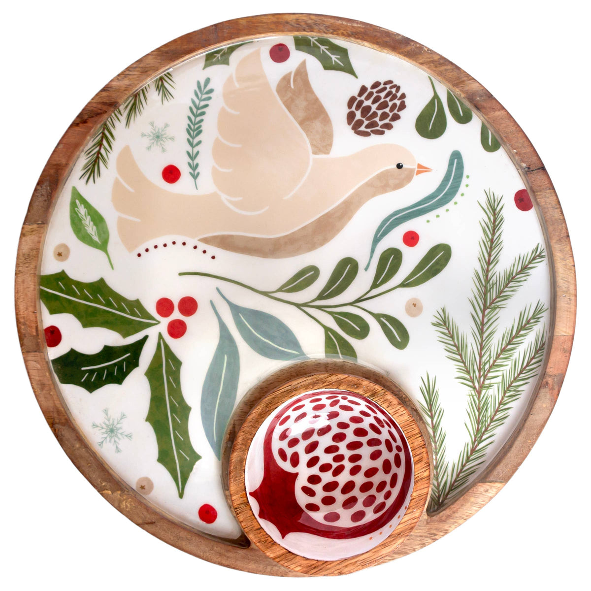 12" Dia Winter Berry Round mango Wood Platter & Bowl